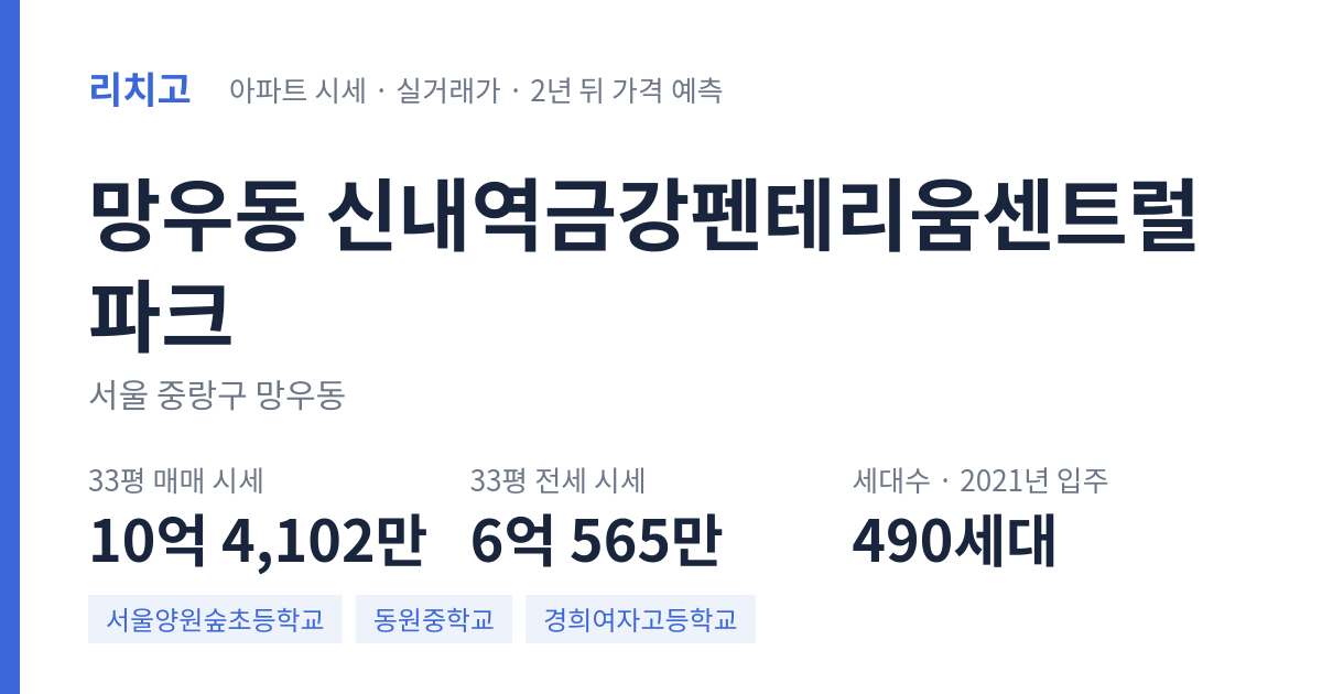 신내역금강펜테리움센트럴파크 아파트 요약 카드 — 대표 평형 매매·전세 시세, 세대수, 입주 연도