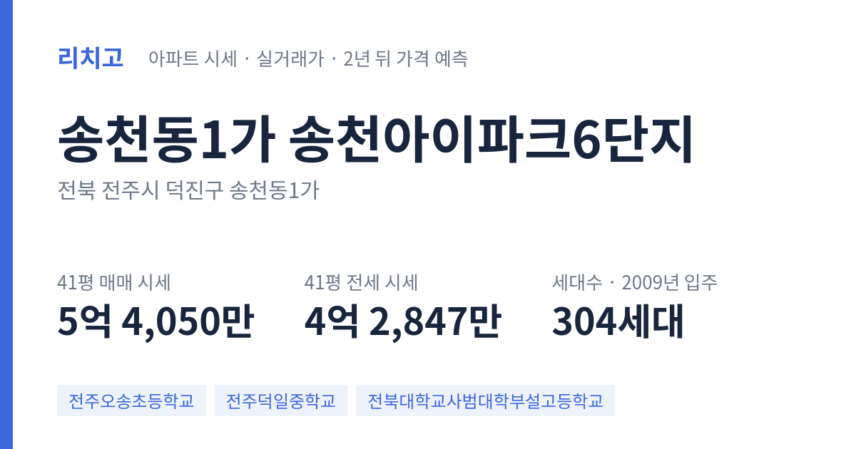 송천아이파크6단지 아파트 요약 카드 — 대표 평형 매매·전세 시세, 세대수, 입주 연도