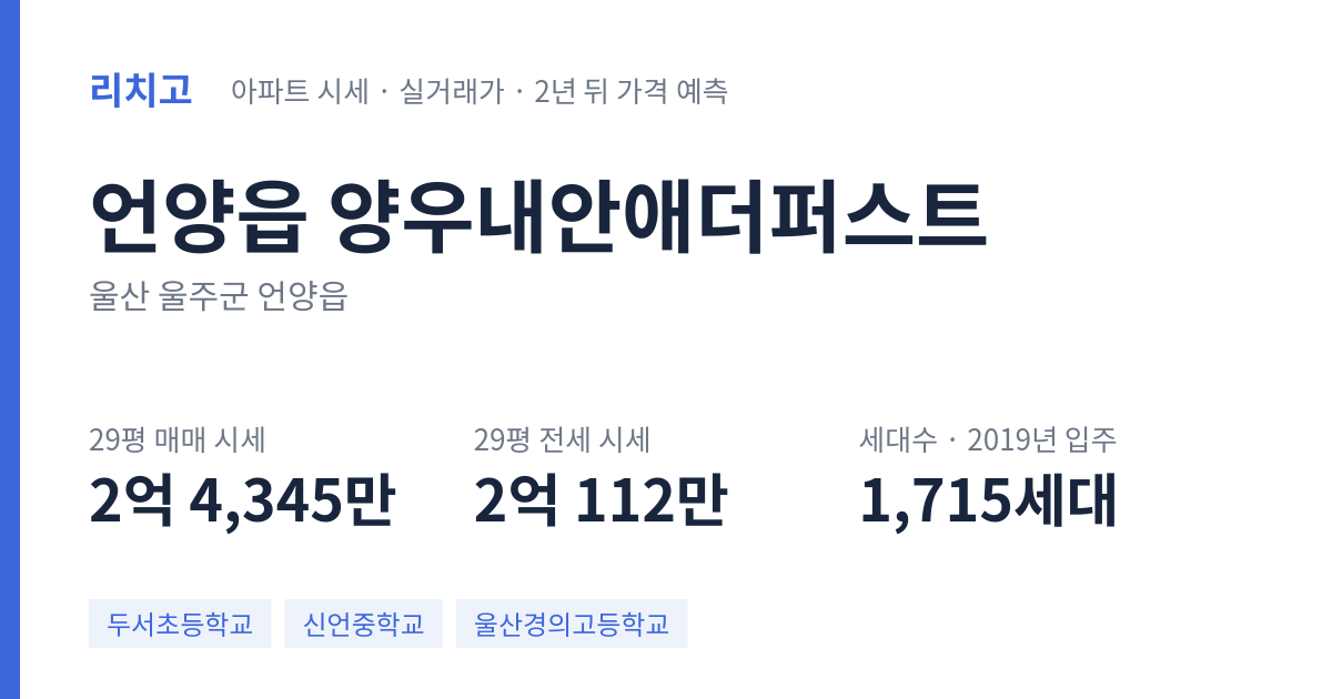 양우내안애더퍼스트 아파트 요약 카드 — 대표 평형 매매·전세 시세, 세대수, 입주 연도