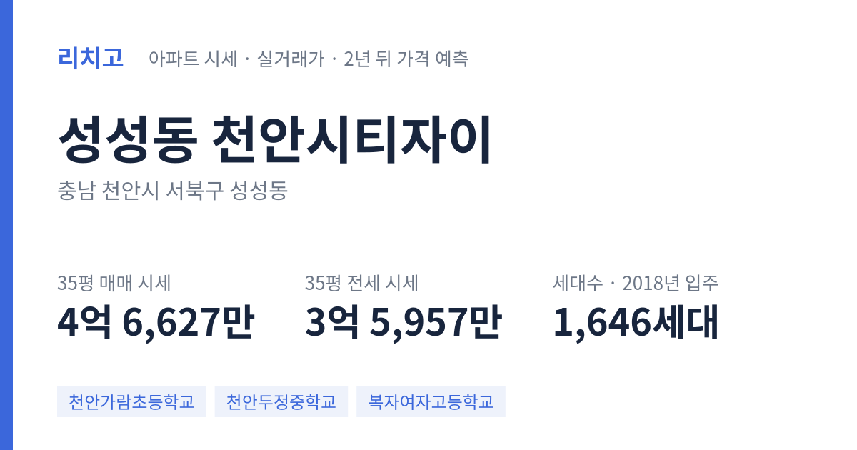 천안시티자이 아파트 요약 카드 — 대표 평형 매매·전세 시세, 세대수, 입주 연도