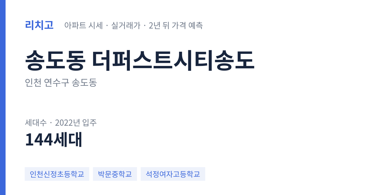 더퍼스트시티송도 아파트 요약 카드 — 대표 평형 매매·전세 시세, 세대수, 입주 연도