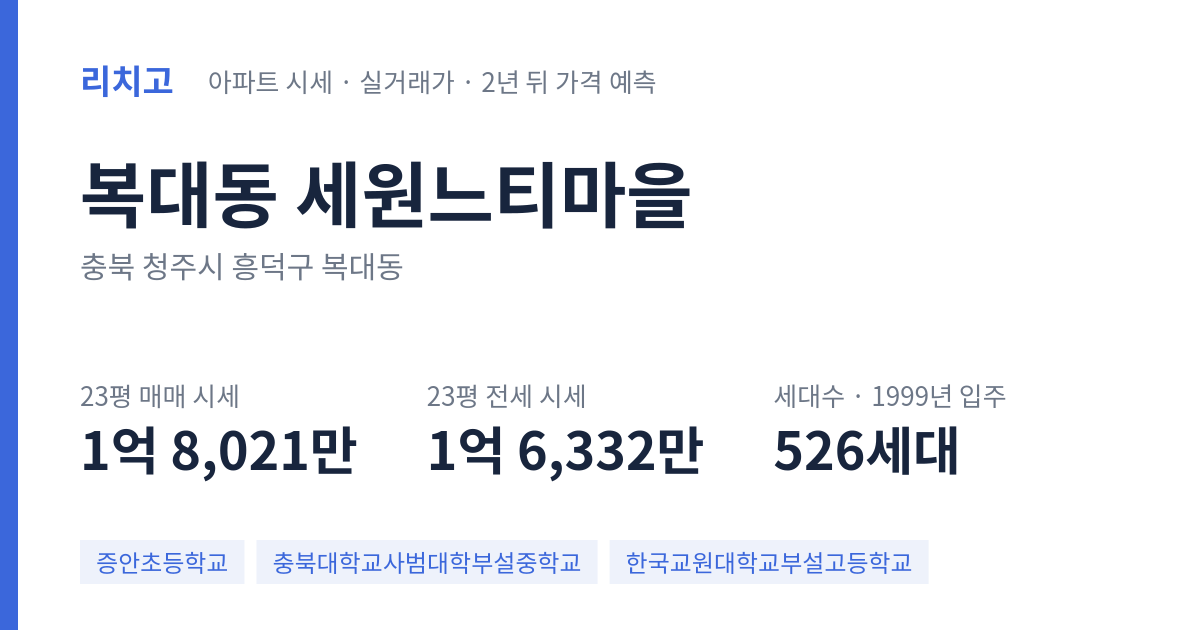 세원느티마을 아파트 요약 카드 — 대표 평형 매매·전세 시세, 세대수, 입주 연도