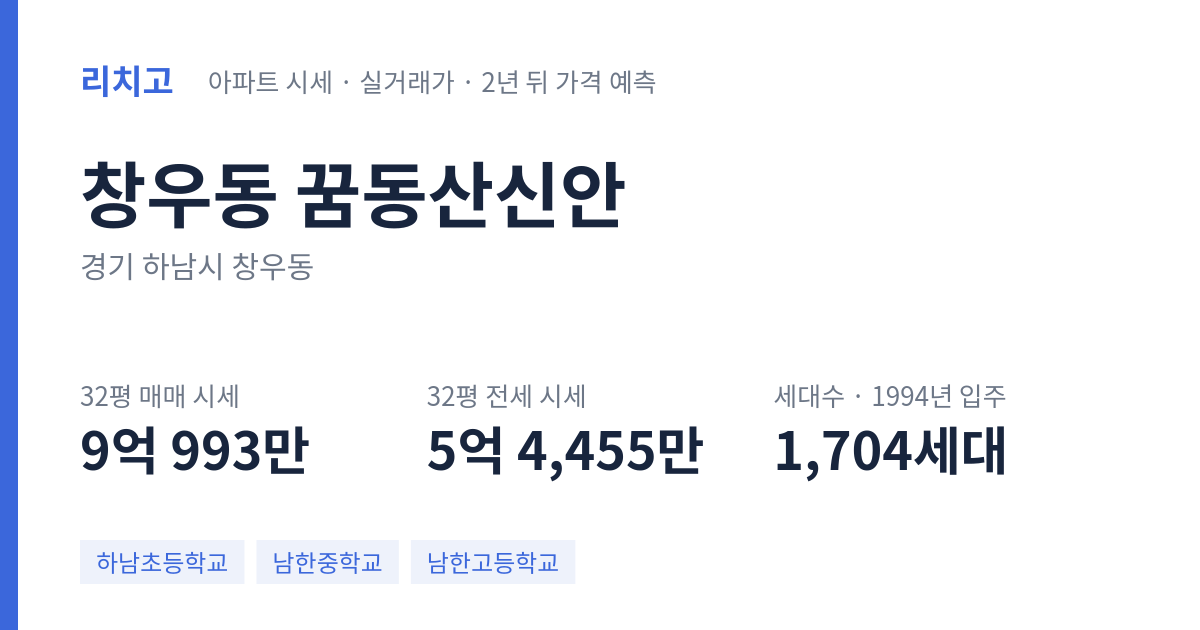 꿈동산신안 아파트 요약 카드 — 대표 평형 매매·전세 시세, 세대수, 입주 연도