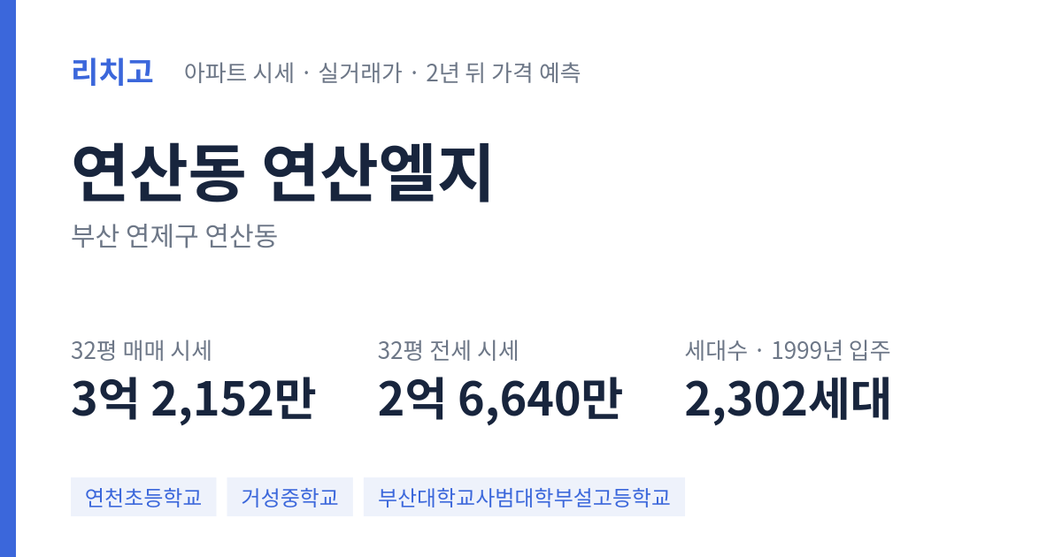 연산엘지 아파트 요약 카드 — 대표 평형 매매·전세 시세, 세대수, 입주 연도