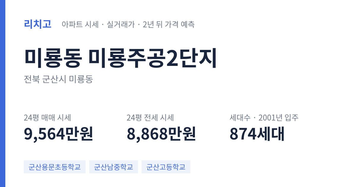미룡주공2단지 아파트 요약 카드 — 대표 평형 매매·전세 시세, 세대수, 입주 연도