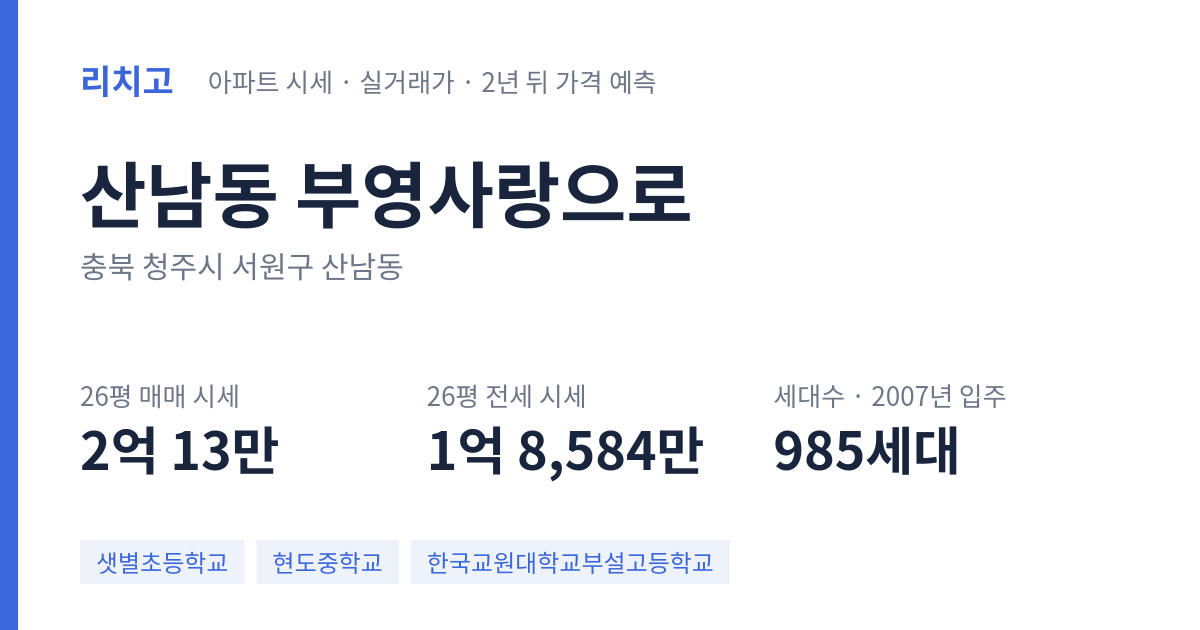 부영사랑으로 아파트 요약 카드 — 대표 평형 매매·전세 시세, 세대수, 입주 연도