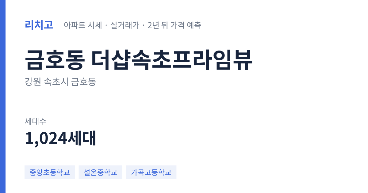 더샵속초프라임뷰 아파트 요약 카드 — 대표 평형 매매·전세 시세, 세대수, 입주 연도