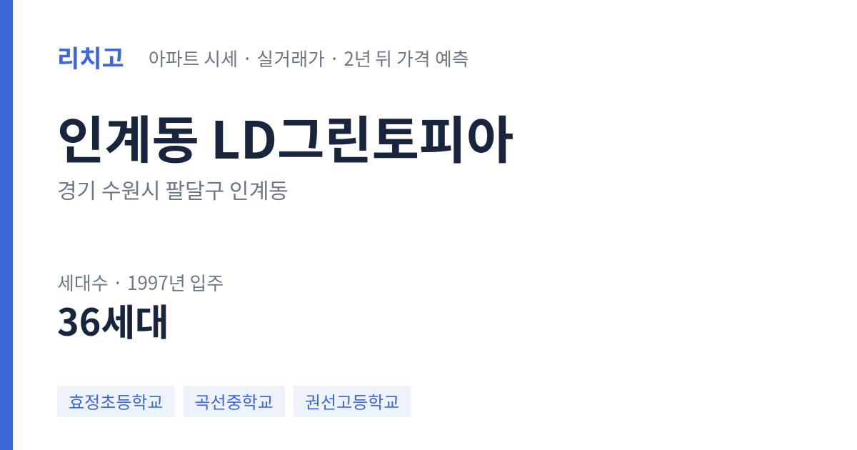 LD그린토피아 아파트 요약 카드 — 대표 평형 매매·전세 시세, 세대수, 입주 연도