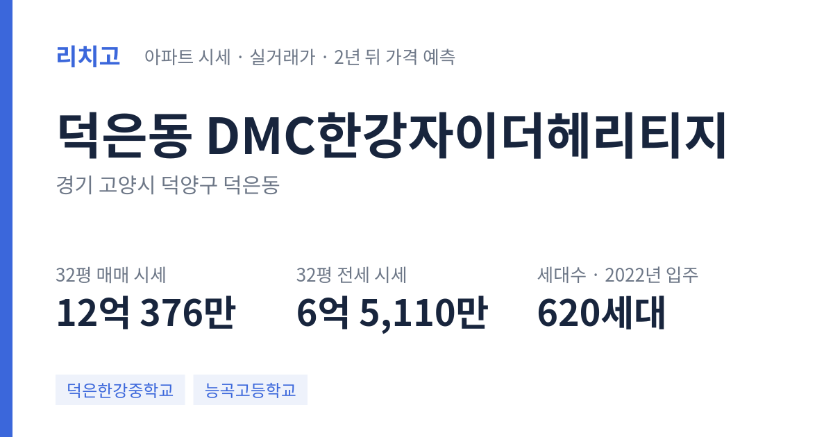 DMC한강자이더헤리티지 아파트 요약 카드 — 대표 평형 매매·전세 시세, 세대수, 입주 연도