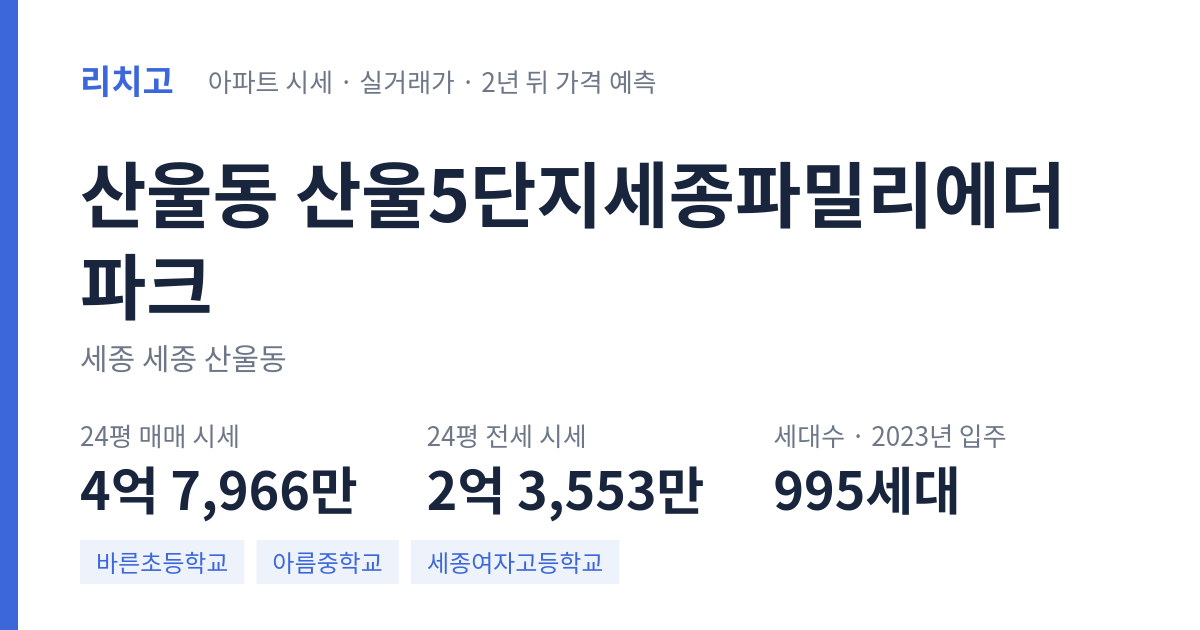 산울5단지세종파밀리에더파크 아파트 요약 카드 — 대표 평형 매매·전세 시세, 세대수, 입주 연도