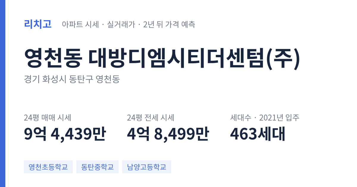 대방디엠시티더센텀(주) 아파트 요약 카드 — 대표 평형 매매·전세 시세, 세대수, 입주 연도
