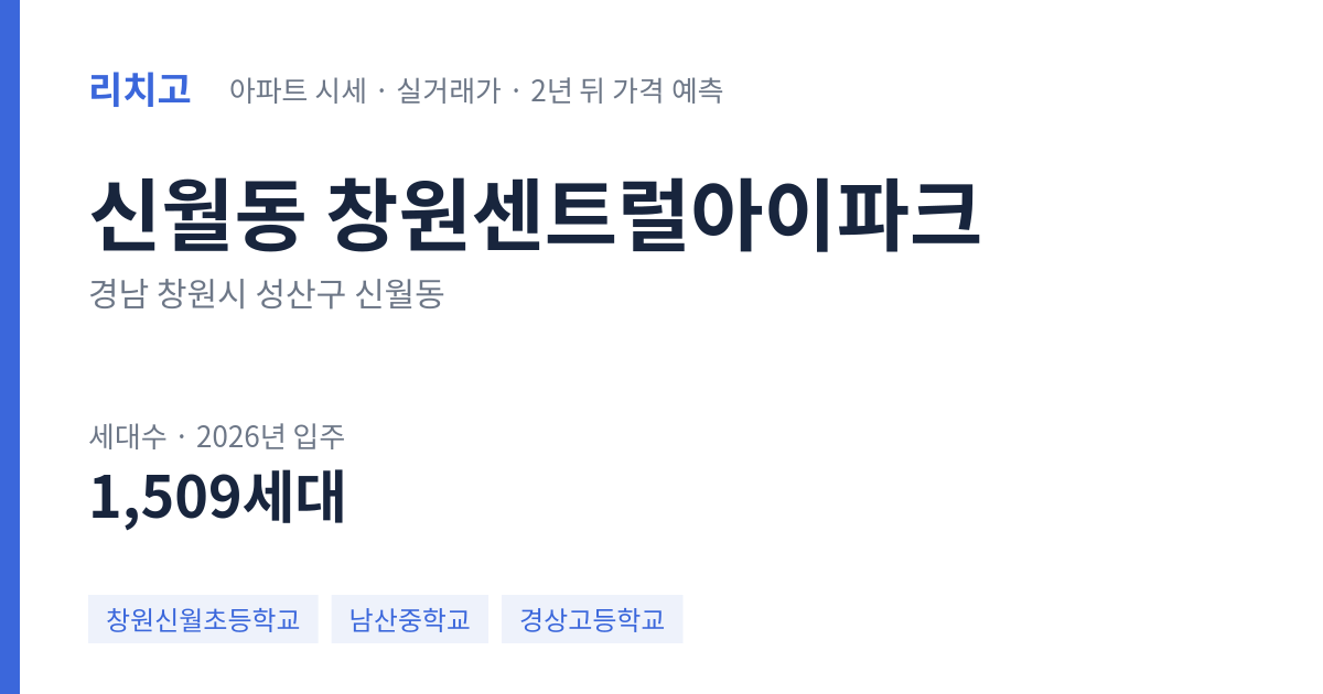 창원센트럴아이파크 아파트 요약 카드 — 대표 평형 매매·전세 시세, 세대수, 입주 연도