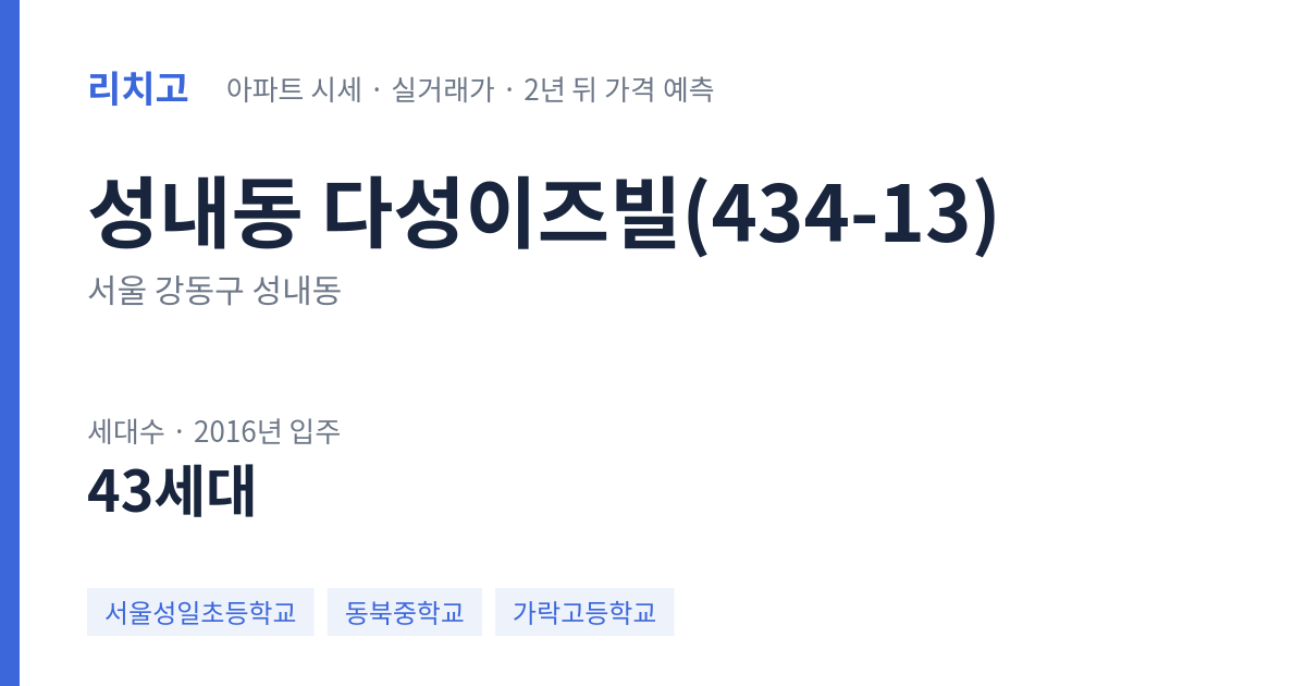 다성이즈빌(434-13) 아파트 요약 카드 — 대표 평형 매매·전세 시세, 세대수, 입주 연도