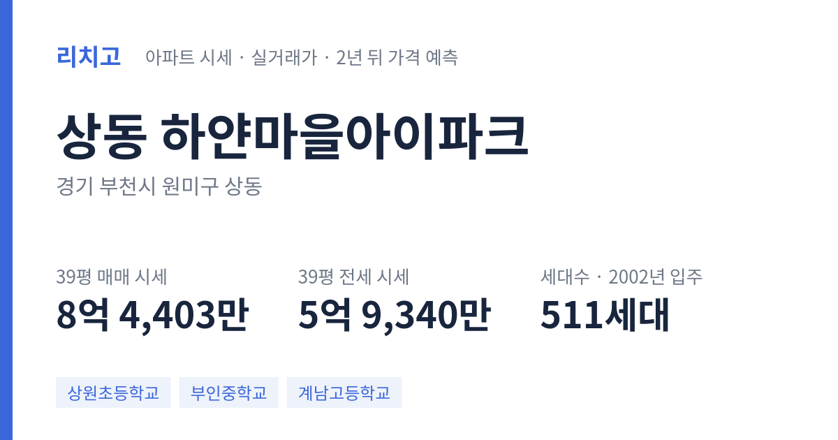 하얀마을아이파크 아파트 요약 카드 — 대표 평형 매매·전세 시세, 세대수, 입주 연도