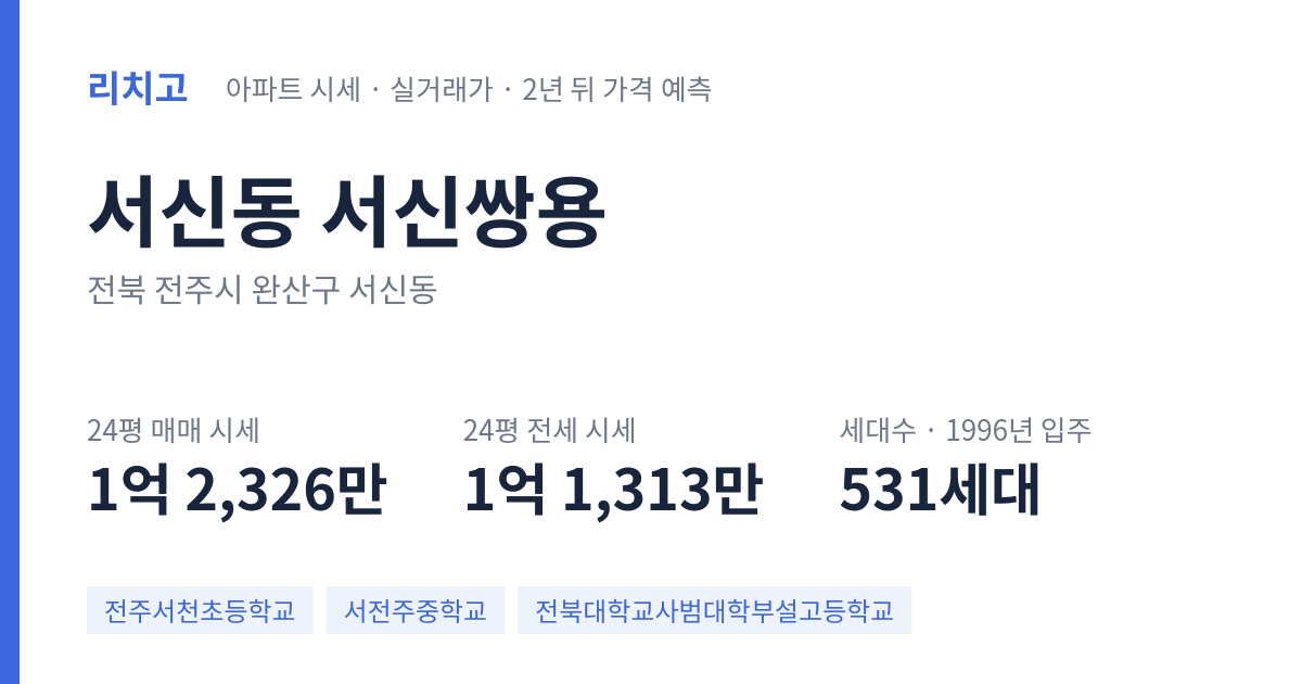 서신쌍용 아파트 요약 카드 — 대표 평형 매매·전세 시세, 세대수, 입주 연도