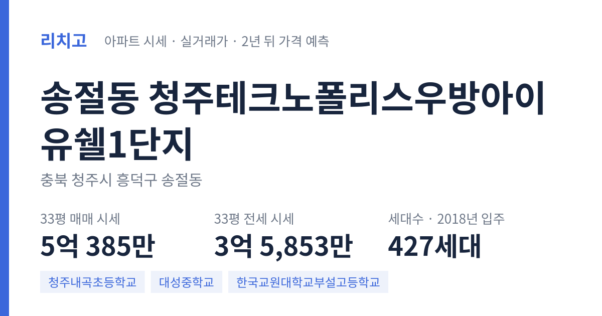 청주테크노폴리스우방아이유쉘1단지 아파트 요약 카드 — 대표 평형 매매·전세 시세, 세대수, 입주 연도