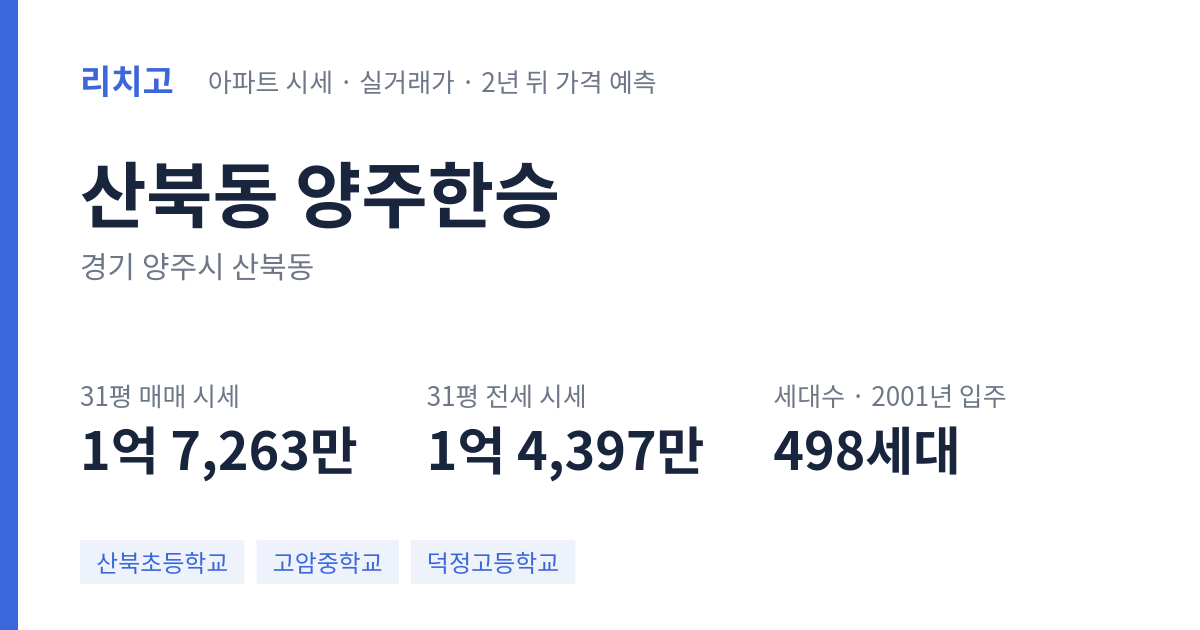 양주한승 아파트 요약 카드 — 대표 평형 매매·전세 시세, 세대수, 입주 연도