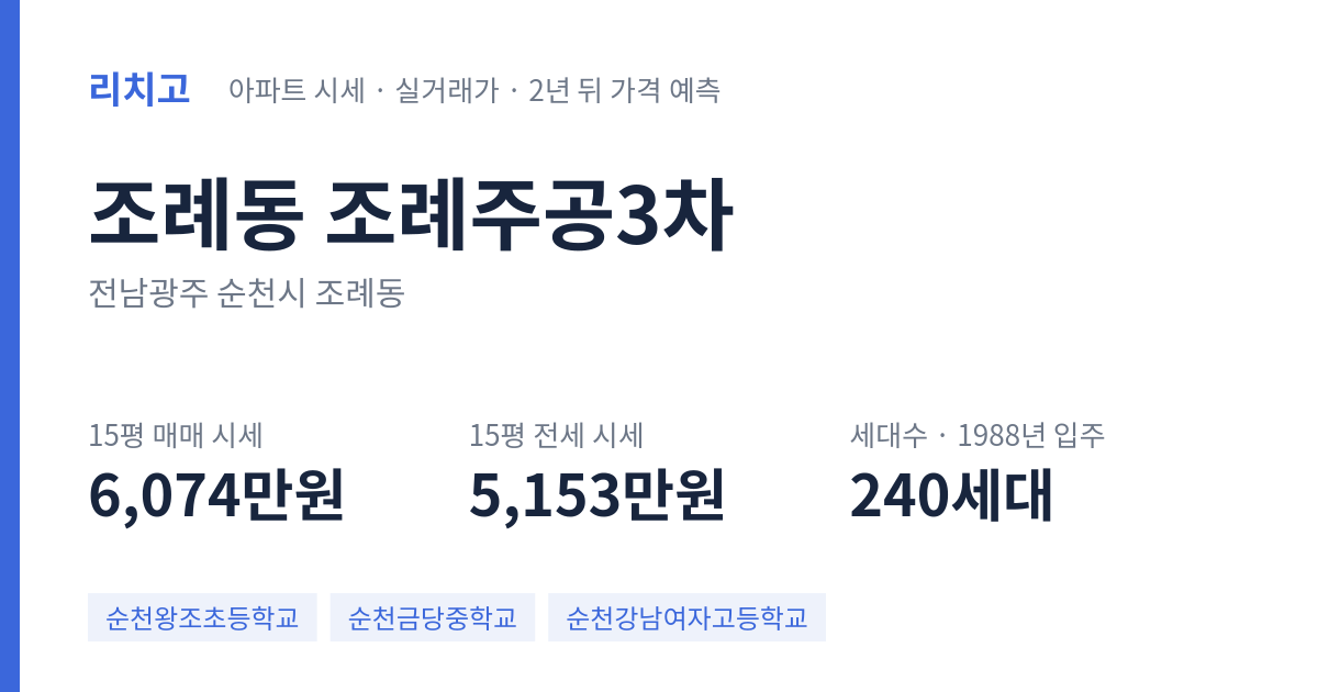 조례주공3차 아파트 요약 카드 — 대표 평형 매매·전세 시세, 세대수, 입주 연도