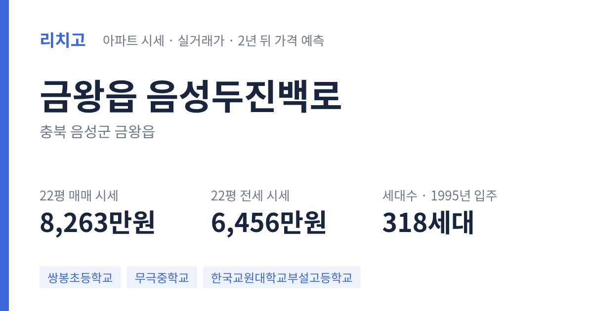 음성두진백로 아파트 요약 카드 — 대표 평형 매매·전세 시세, 세대수, 입주 연도