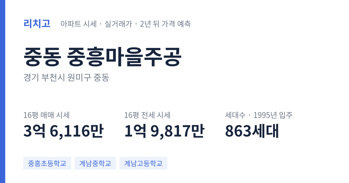 중흥마을주공 아파트 요약 카드 — 대표 평형 매매·전세 시세, 세대수, 입주 연도
