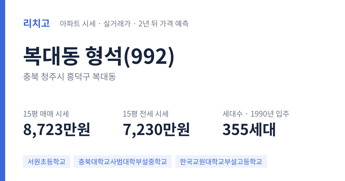 형석(992) 아파트 요약 카드 — 대표 평형 매매·전세 시세, 세대수, 입주 연도