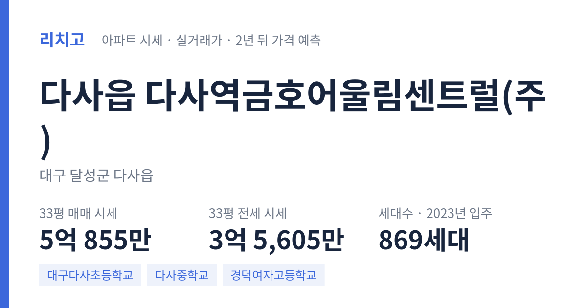 다사역금호어울림센트럴(주) 아파트 요약 카드 — 대표 평형 매매·전세 시세, 세대수, 입주 연도