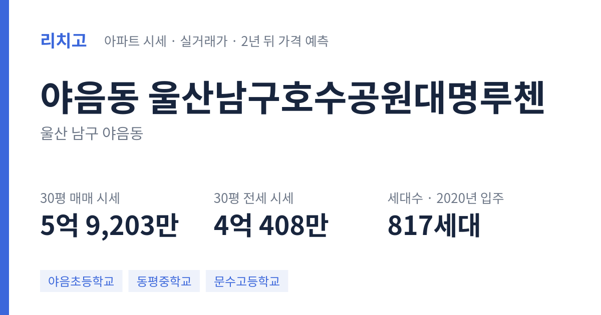 울산남구호수공원대명루첸 아파트 요약 카드 — 대표 평형 매매·전세 시세, 세대수, 입주 연도