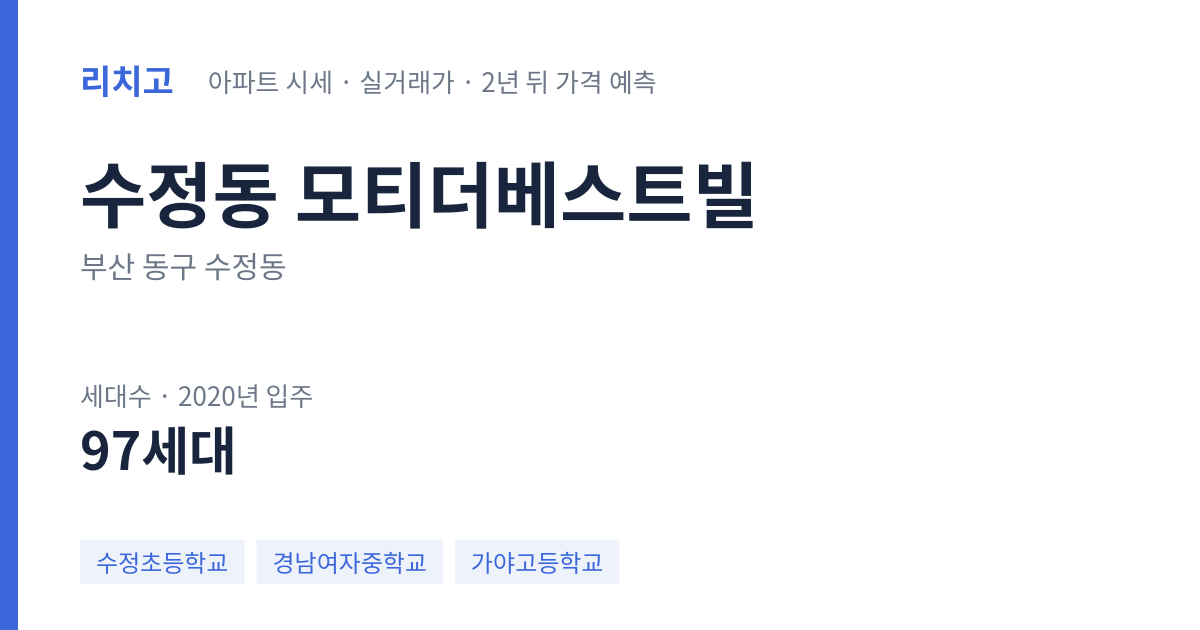 모티더베스트빌 아파트 요약 카드 — 대표 평형 매매·전세 시세, 세대수, 입주 연도
