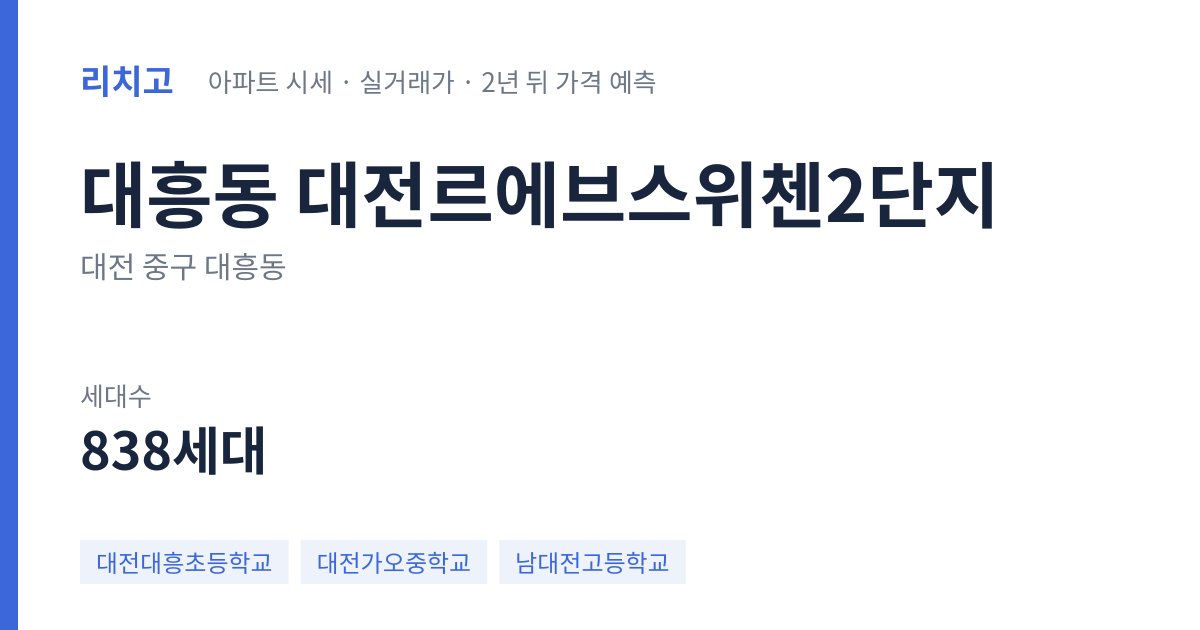 대전르에브스위첸2단지 아파트 요약 카드 — 대표 평형 매매·전세 시세, 세대수, 입주 연도