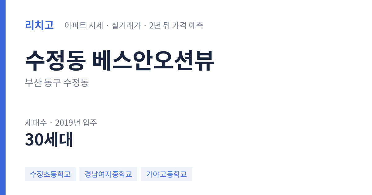 베스안오션뷰 아파트 요약 카드 — 대표 평형 매매·전세 시세, 세대수, 입주 연도