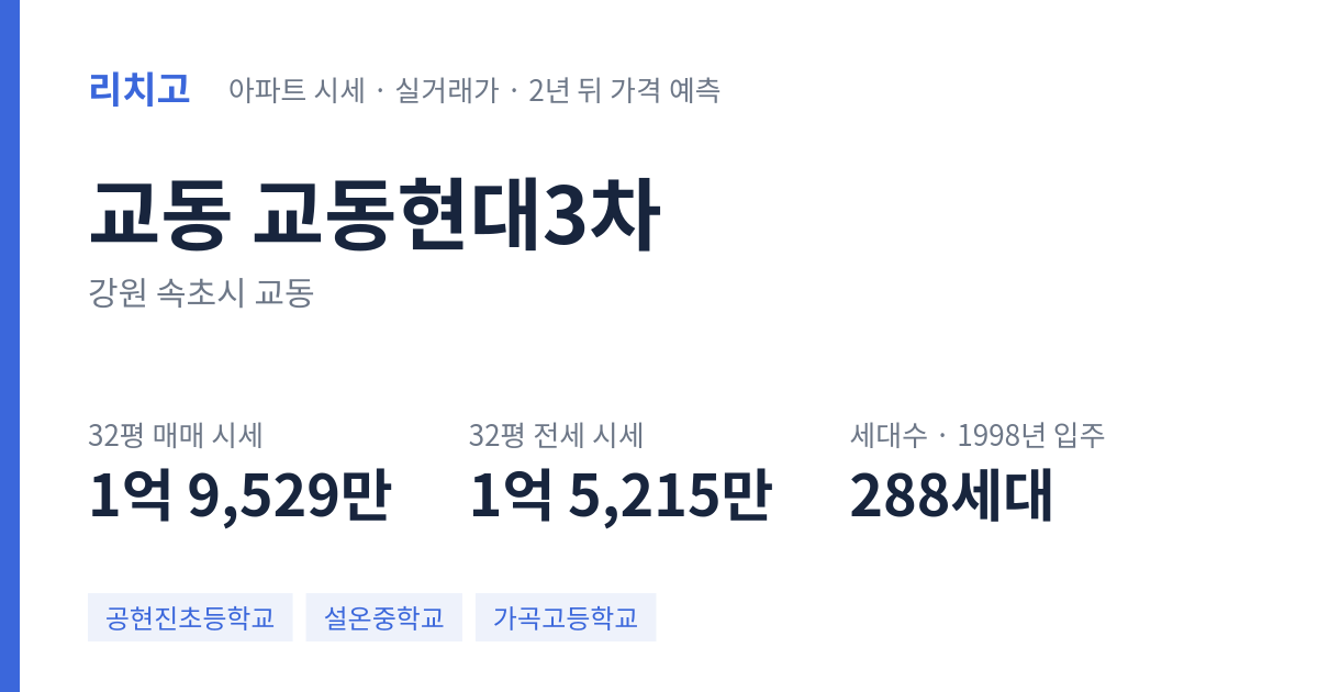 교동현대3차 아파트 요약 카드 — 대표 평형 매매·전세 시세, 세대수, 입주 연도
