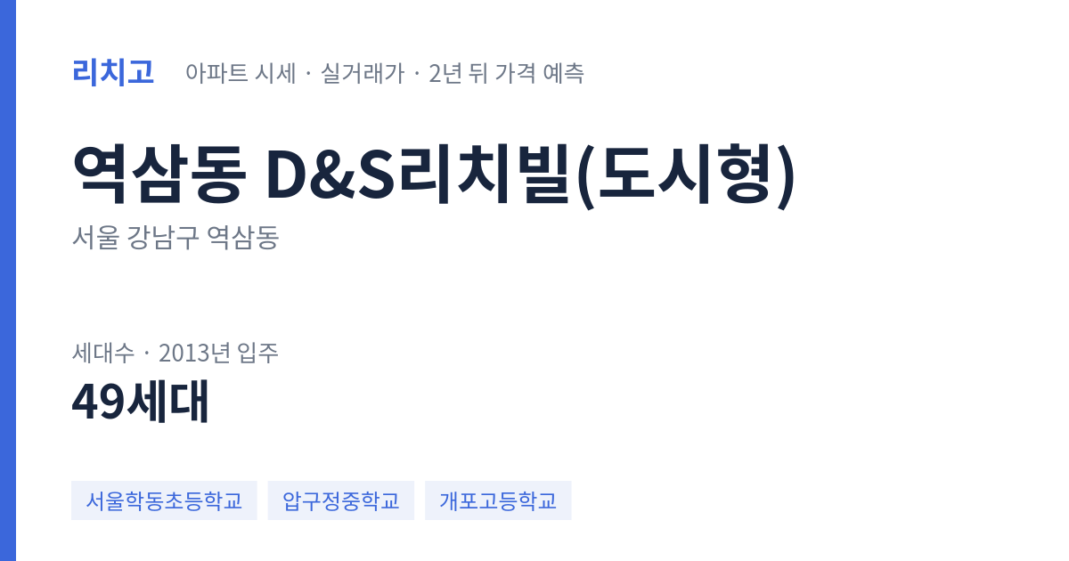 D&S리치빌(도시형) 아파트 요약 카드 — 대표 평형 매매·전세 시세, 세대수, 입주 연도