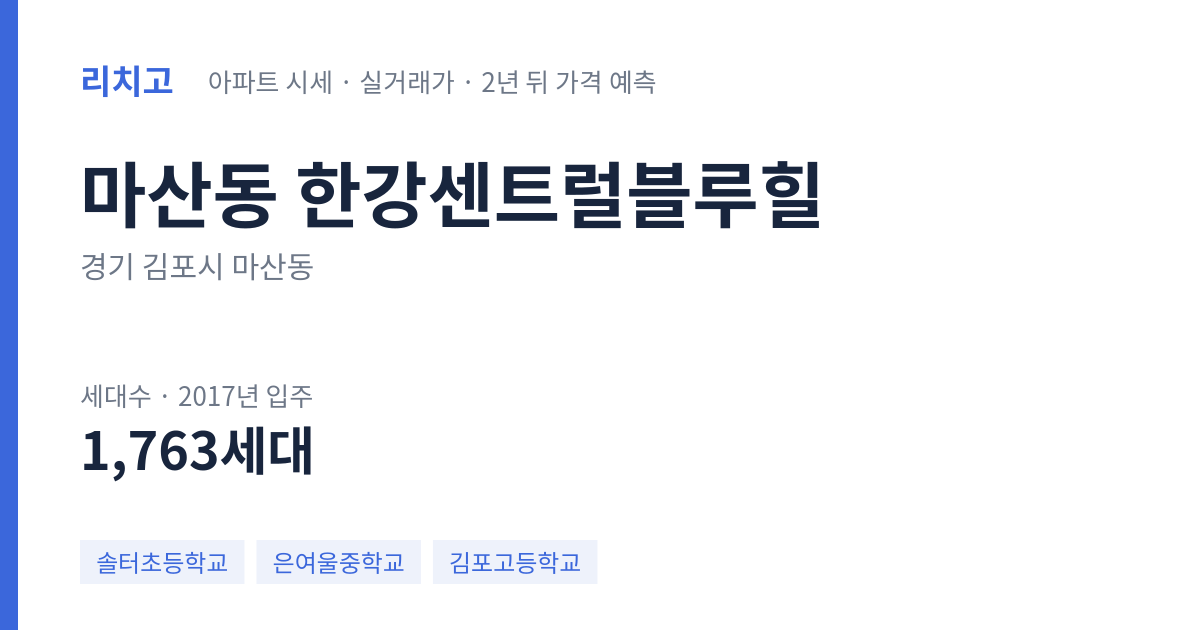 한강센트럴블루힐 아파트 요약 카드 — 대표 평형 매매·전세 시세, 세대수, 입주 연도