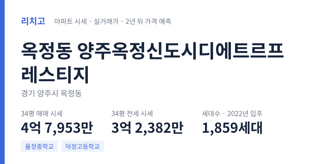 양주옥정신도시디에트르프레스티지 아파트 요약 카드 — 대표 평형 매매·전세 시세, 세대수, 입주 연도