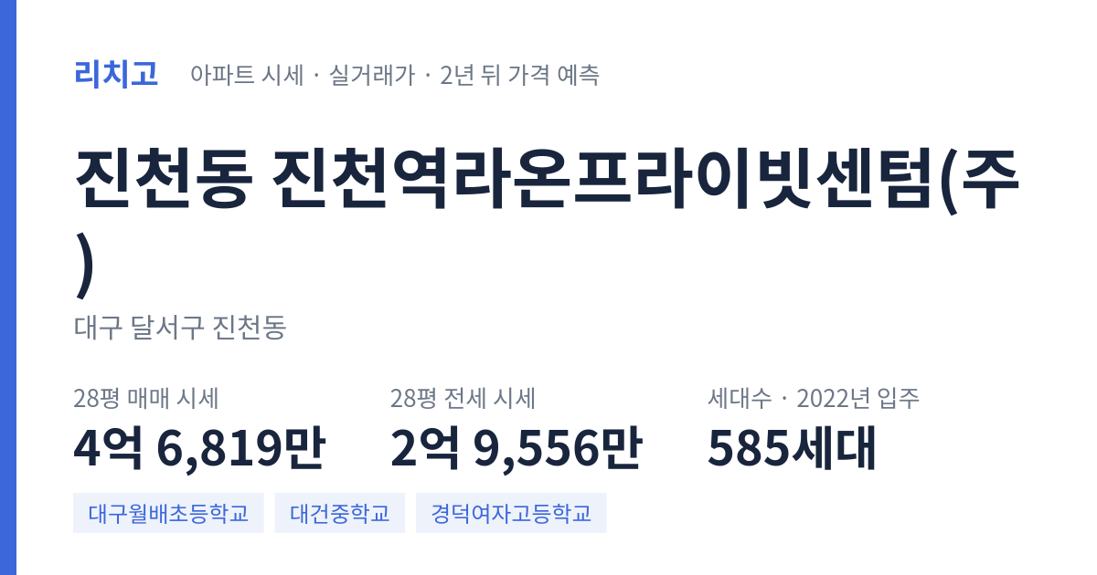 진천역라온프라이빗센텀(주) 아파트 요약 카드 — 대표 평형 매매·전세 시세, 세대수, 입주 연도