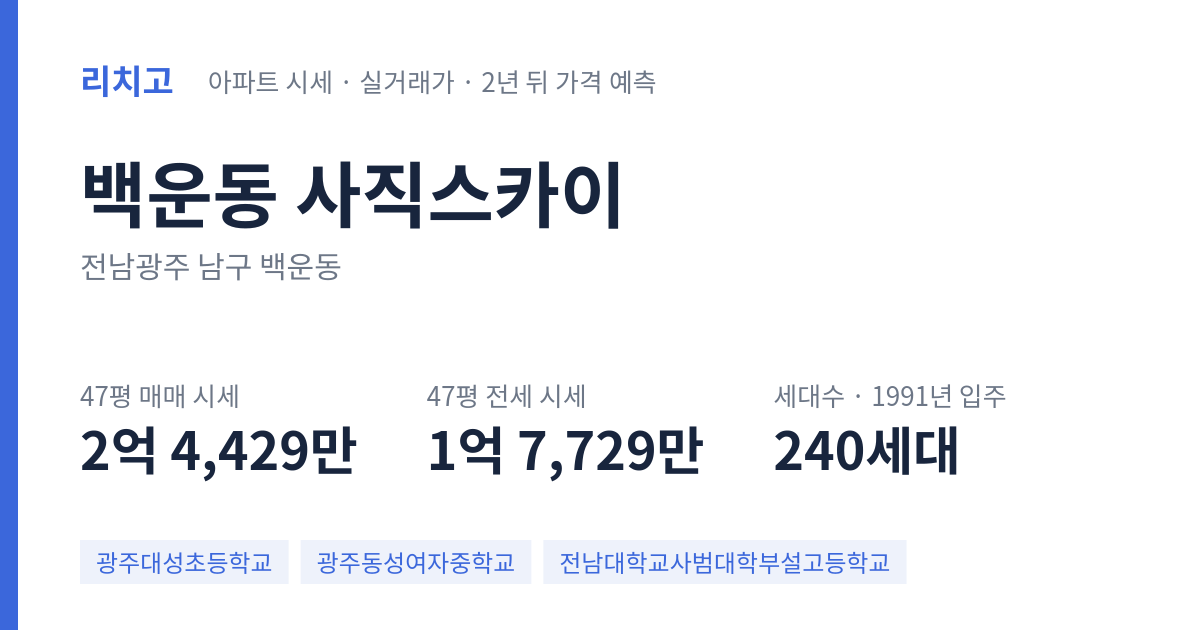 사직스카이 아파트 요약 카드 — 대표 평형 매매·전세 시세, 세대수, 입주 연도