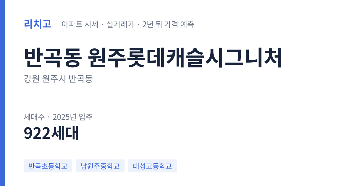 원주롯데캐슬시그니처 아파트 요약 카드 — 대표 평형 매매·전세 시세, 세대수, 입주 연도