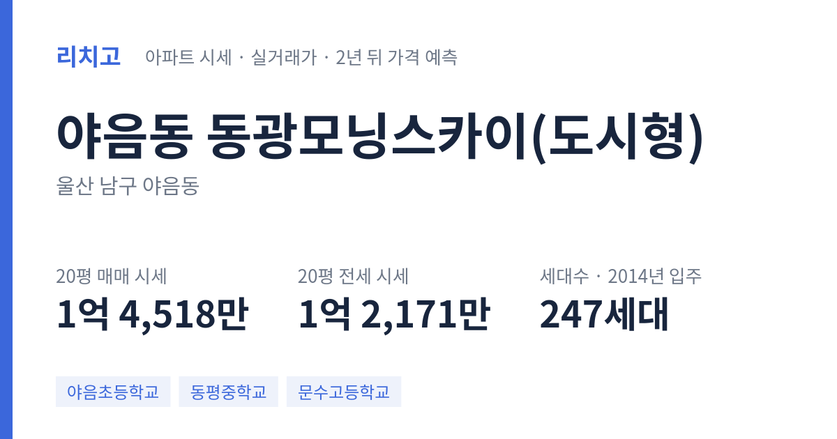 동광모닝스카이(도시형) 아파트 요약 카드 — 대표 평형 매매·전세 시세, 세대수, 입주 연도