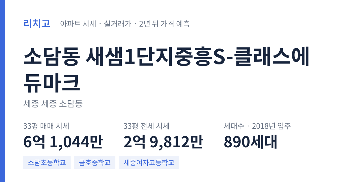 새샘1단지중흥S-클래스에듀마크 아파트 요약 카드 — 대표 평형 매매·전세 시세, 세대수, 입주 연도