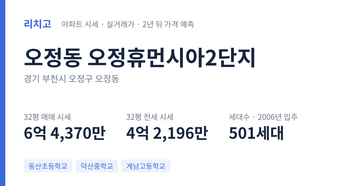 오정휴먼시아2단지 아파트 요약 카드 — 대표 평형 매매·전세 시세, 세대수, 입주 연도