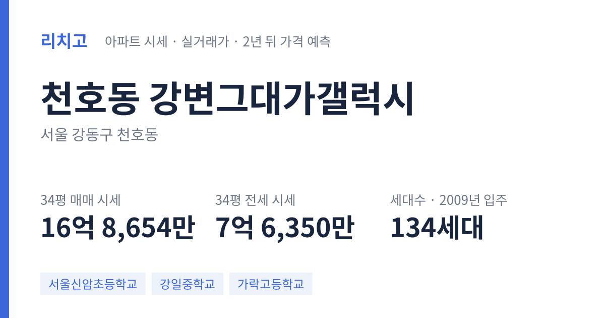 강변그대가갤럭시 아파트 요약 카드 — 대표 평형 매매·전세 시세, 세대수, 입주 연도