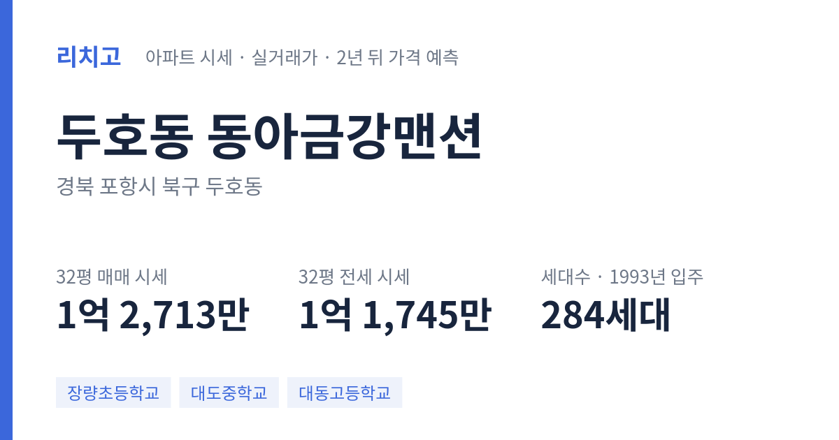 동아금강맨션 아파트 요약 카드 — 대표 평형 매매·전세 시세, 세대수, 입주 연도