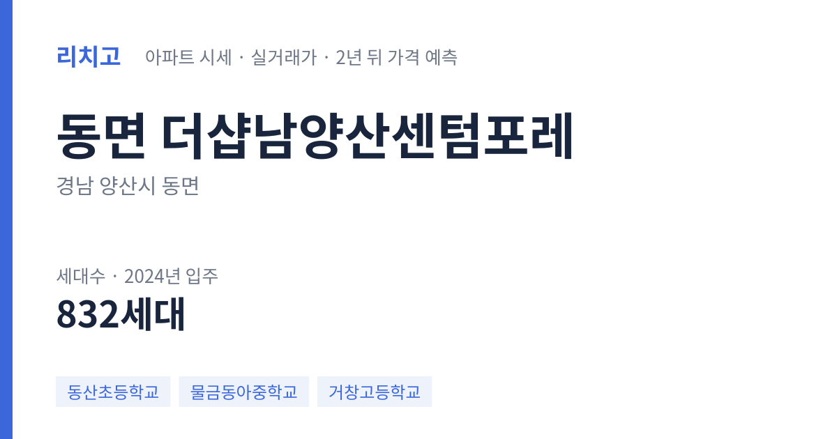더샵남양산센텀포레 아파트 요약 카드 — 대표 평형 매매·전세 시세, 세대수, 입주 연도