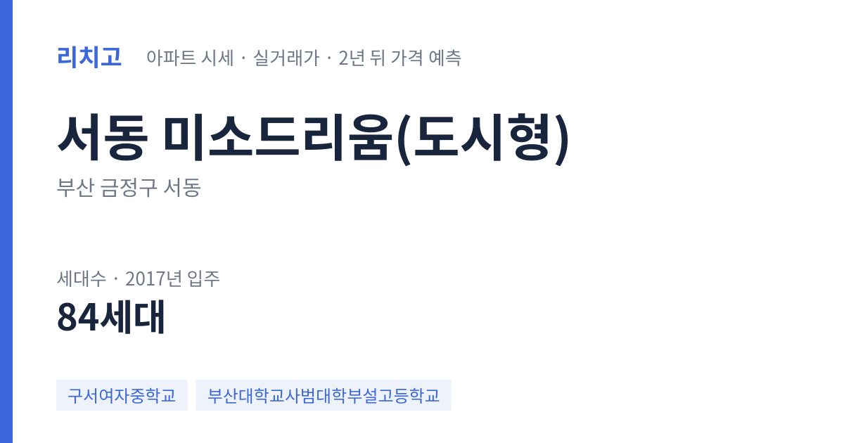 미소드리움(도시형) 아파트 요약 카드 — 대표 평형 매매·전세 시세, 세대수, 입주 연도