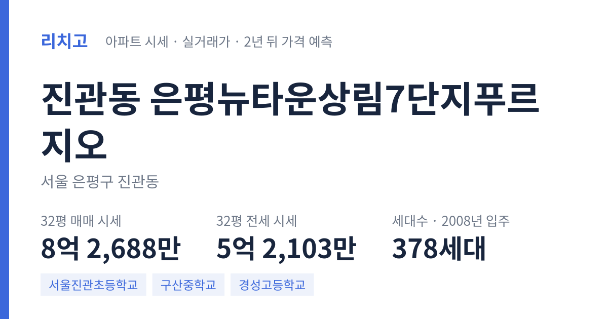 은평뉴타운상림7단지푸르지오 아파트 요약 카드 — 대표 평형 매매·전세 시세, 세대수, 입주 연도