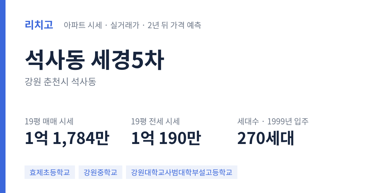 세경5차 아파트 요약 카드 — 대표 평형 매매·전세 시세, 세대수, 입주 연도