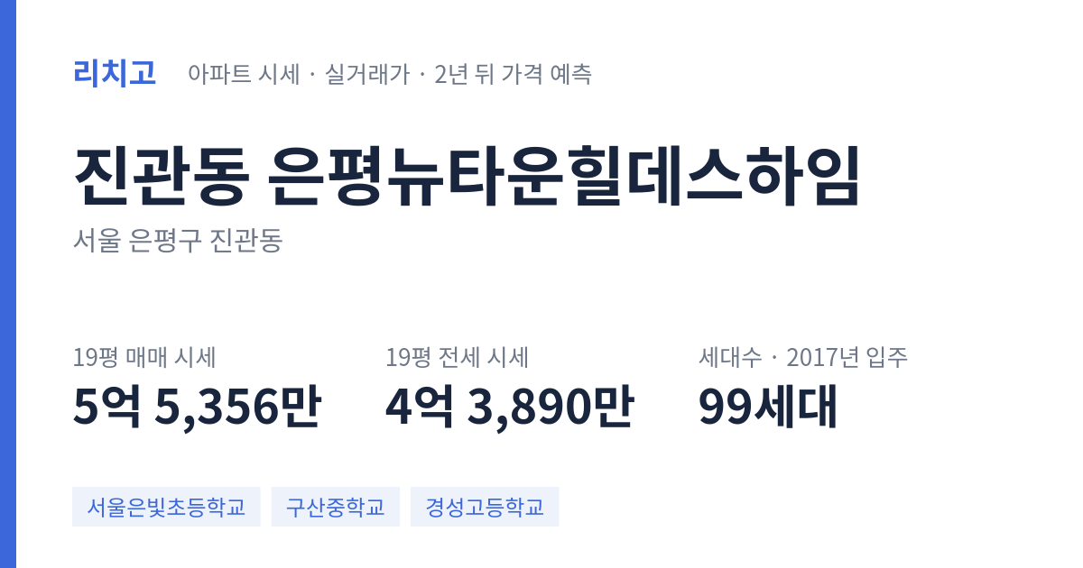 은평뉴타운힐데스하임 아파트 요약 카드 — 대표 평형 매매·전세 시세, 세대수, 입주 연도