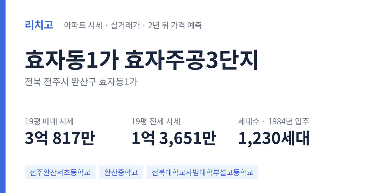 효자주공3단지 아파트 요약 카드 — 대표 평형 매매·전세 시세, 세대수, 입주 연도