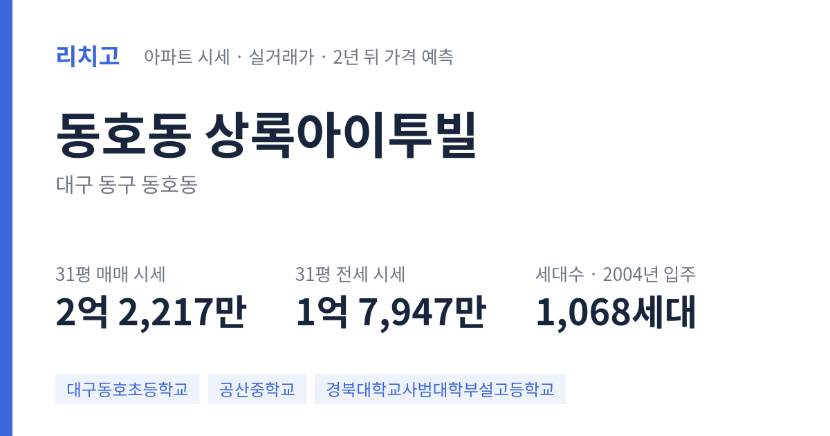 상록아이투빌 아파트 요약 카드 — 대표 평형 매매·전세 시세, 세대수, 입주 연도
