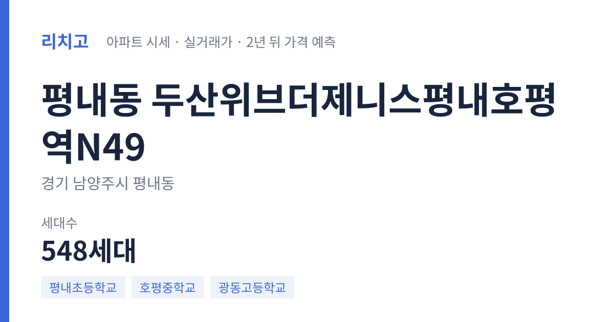 두산위브더제니스평내호평역N49 아파트 요약 카드 — 대표 평형 매매·전세 시세, 세대수, 입주 연도